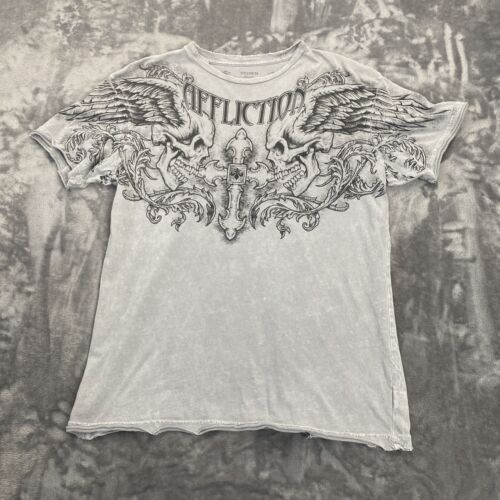 Affliction Wing Up Shirt Distressed Skulls Wings Gothic Art Y2k Size M