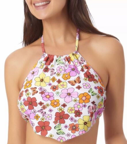 California Waves Juniors' Handkerchief Halter Bikini Top Pink Floral Size M