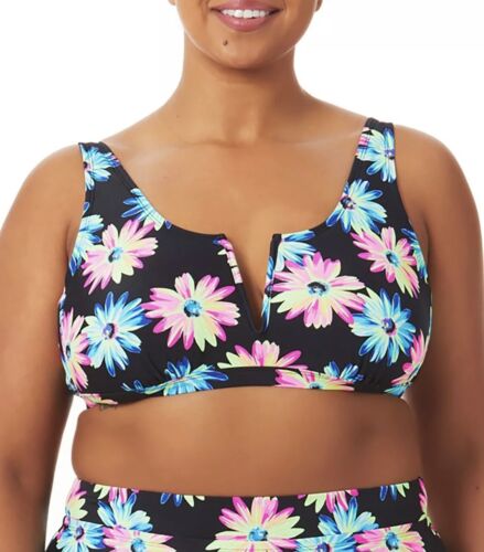 California Waves Trendy Plus Size Gerber Daisy Bralette Bikini Top - 1X - Mul...