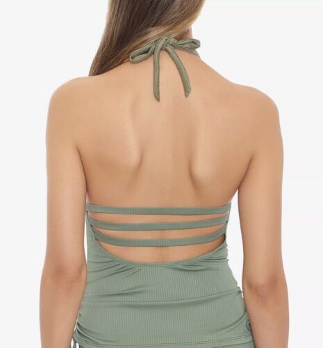Salt + Cove Juniors Green Ribbed Shirred Halter Tankini Top - XS - Green
