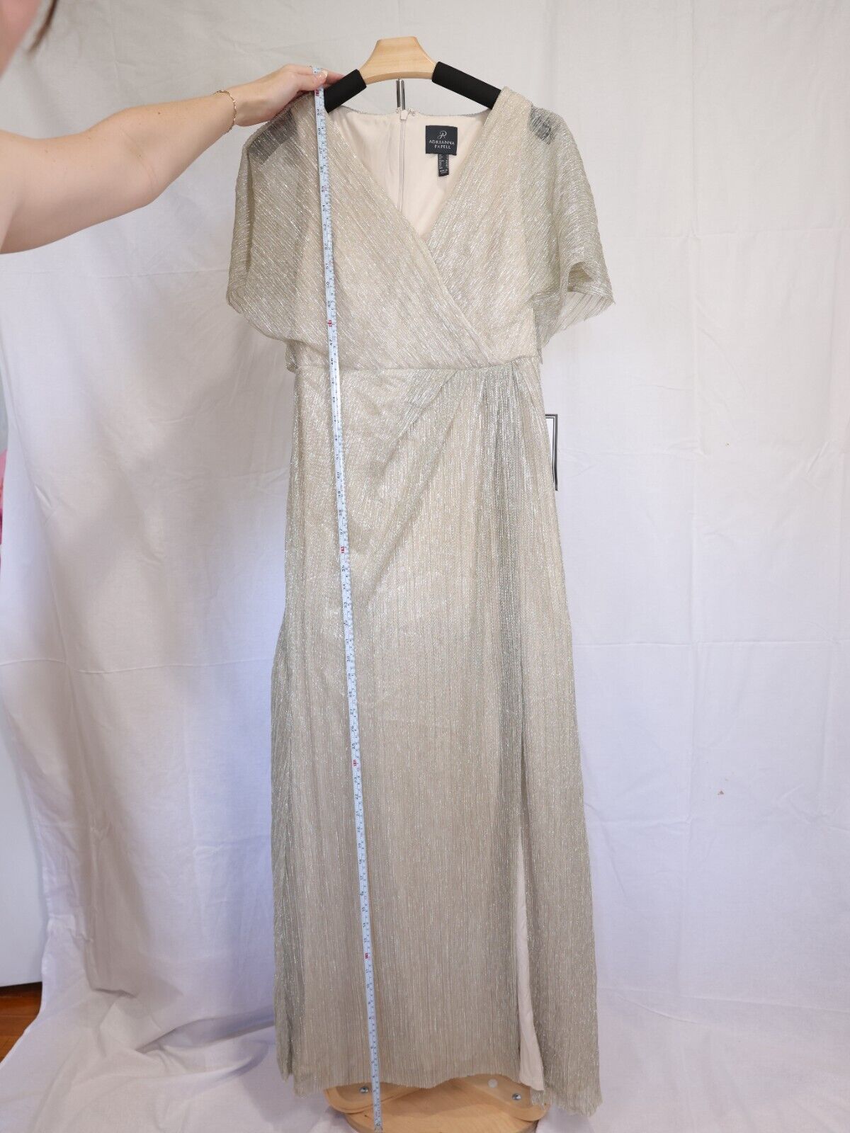 Adrianna Papell Pleated Metallic Gown, Champagne, Size 4, MSRP $199