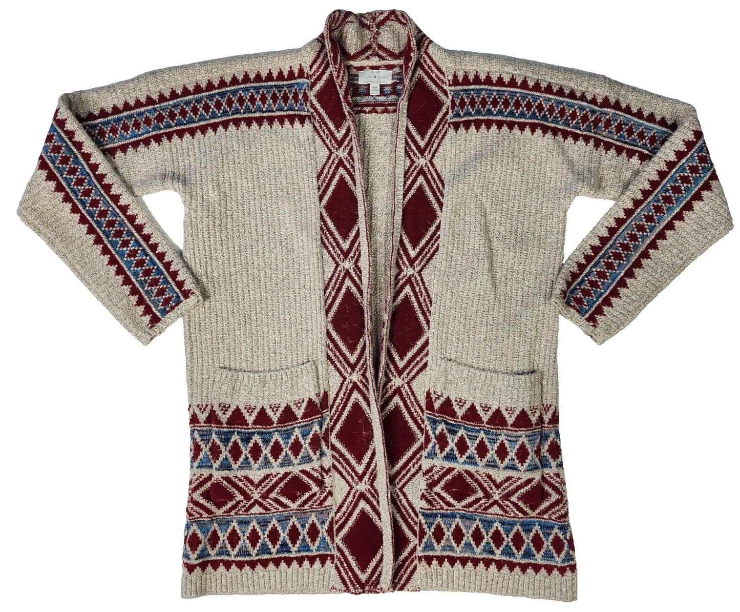 LUCKY BRAND OPEN FRONT CARDIGAN SWEATER SOUTH WESTERN PRINT AZTEC MEDIUM