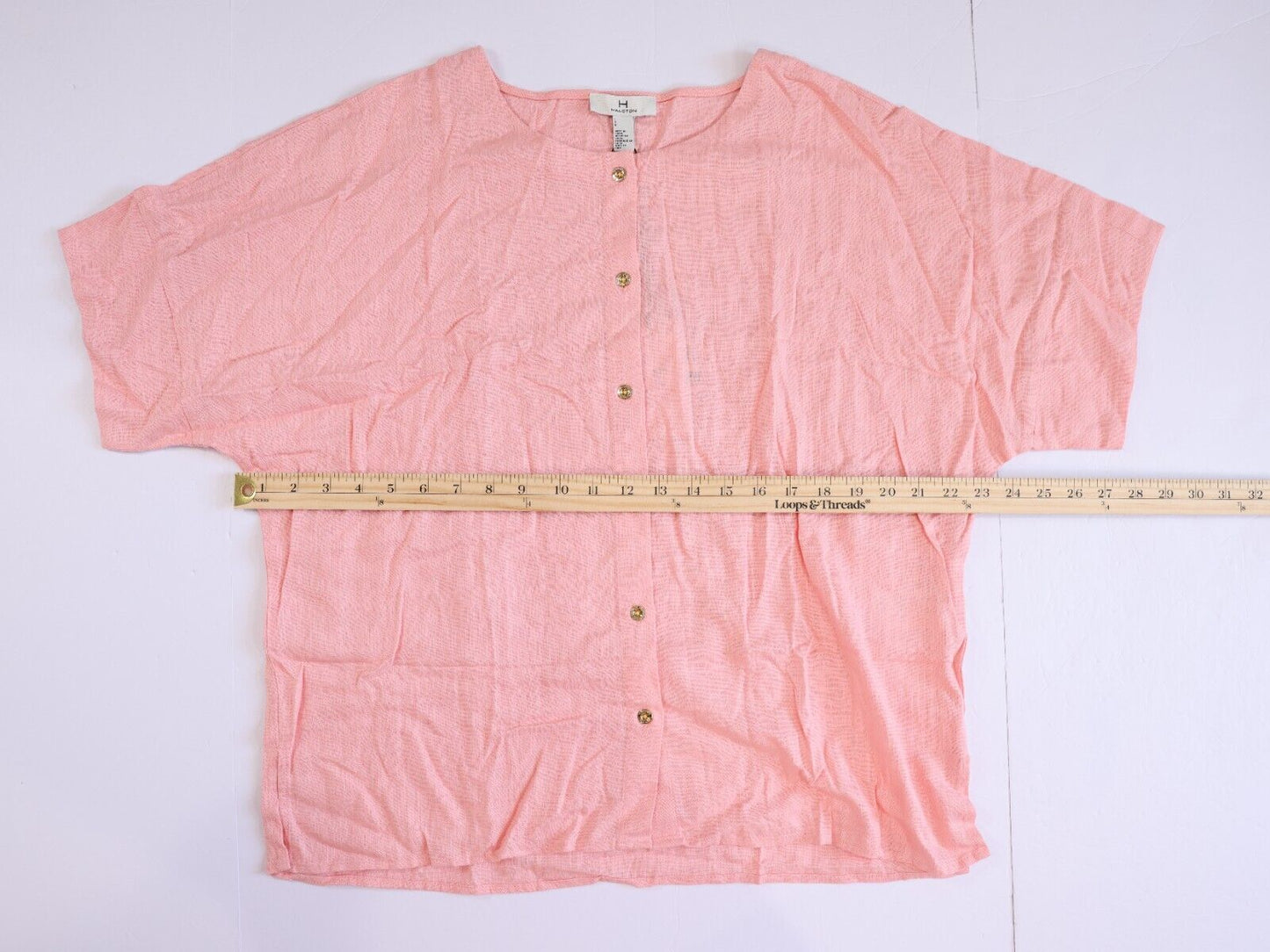 NWT Halston Women's Pink Button Up Short Sleeve Blouse Size L
