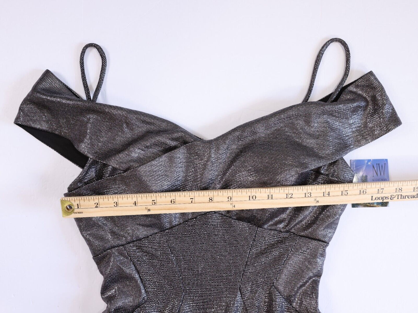 Nightway Women's Formal Dress Silver Metallic Off the Shoulder Gown Size 10