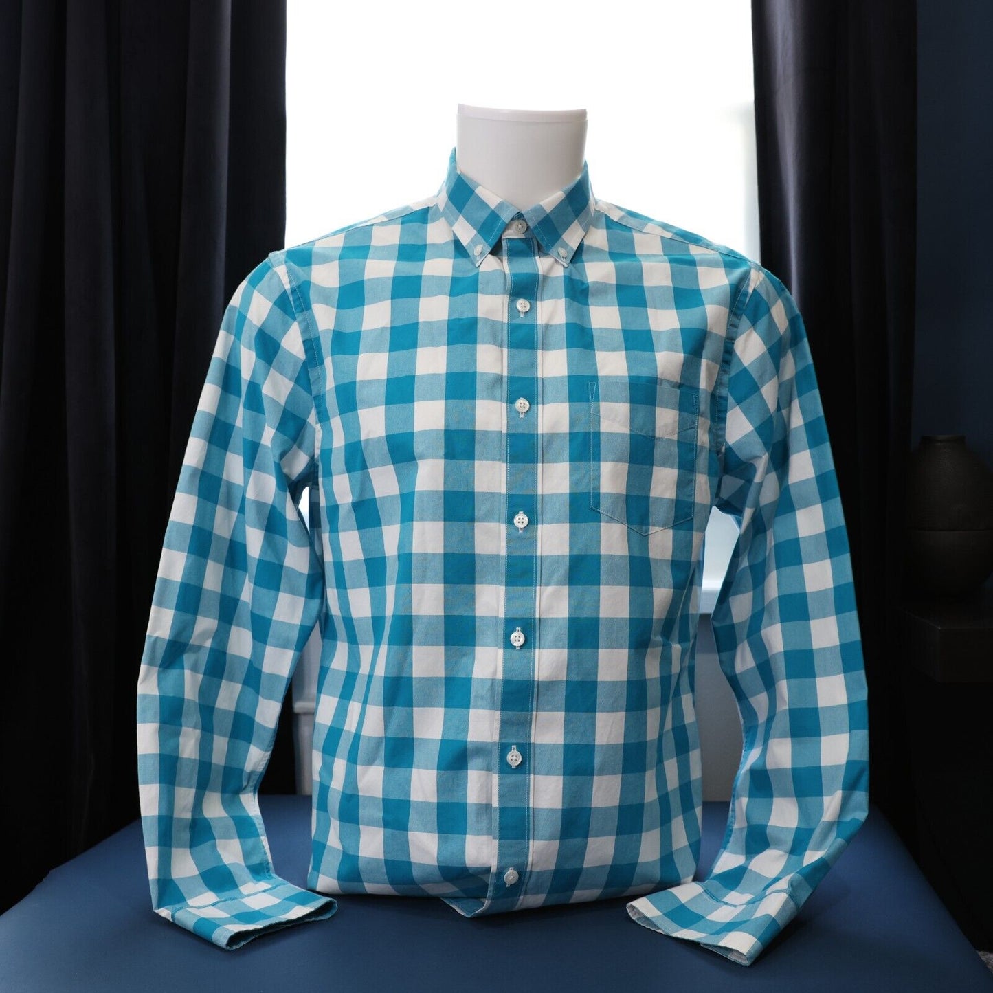 Bonobos Mens Casual Dress Shirt Teal Blue Check Size M