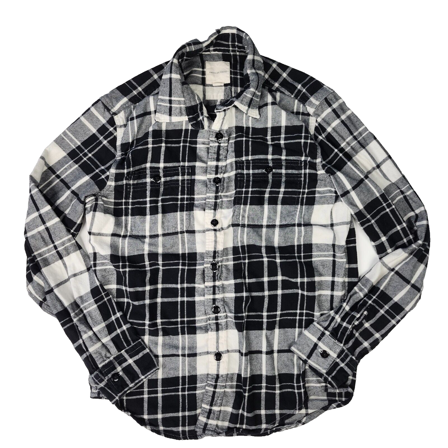 American Eagle Tartan Flannel Casual Button Shirt Mens Size Large L Black White