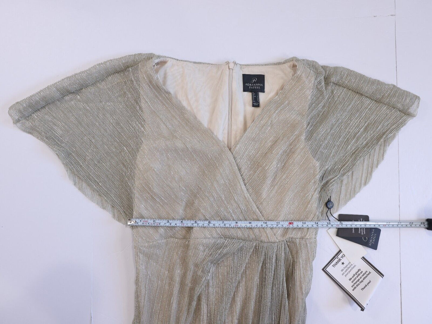Adrianna Papell Pleated Metallic Gown, Champagne, Size 4, MSRP $199