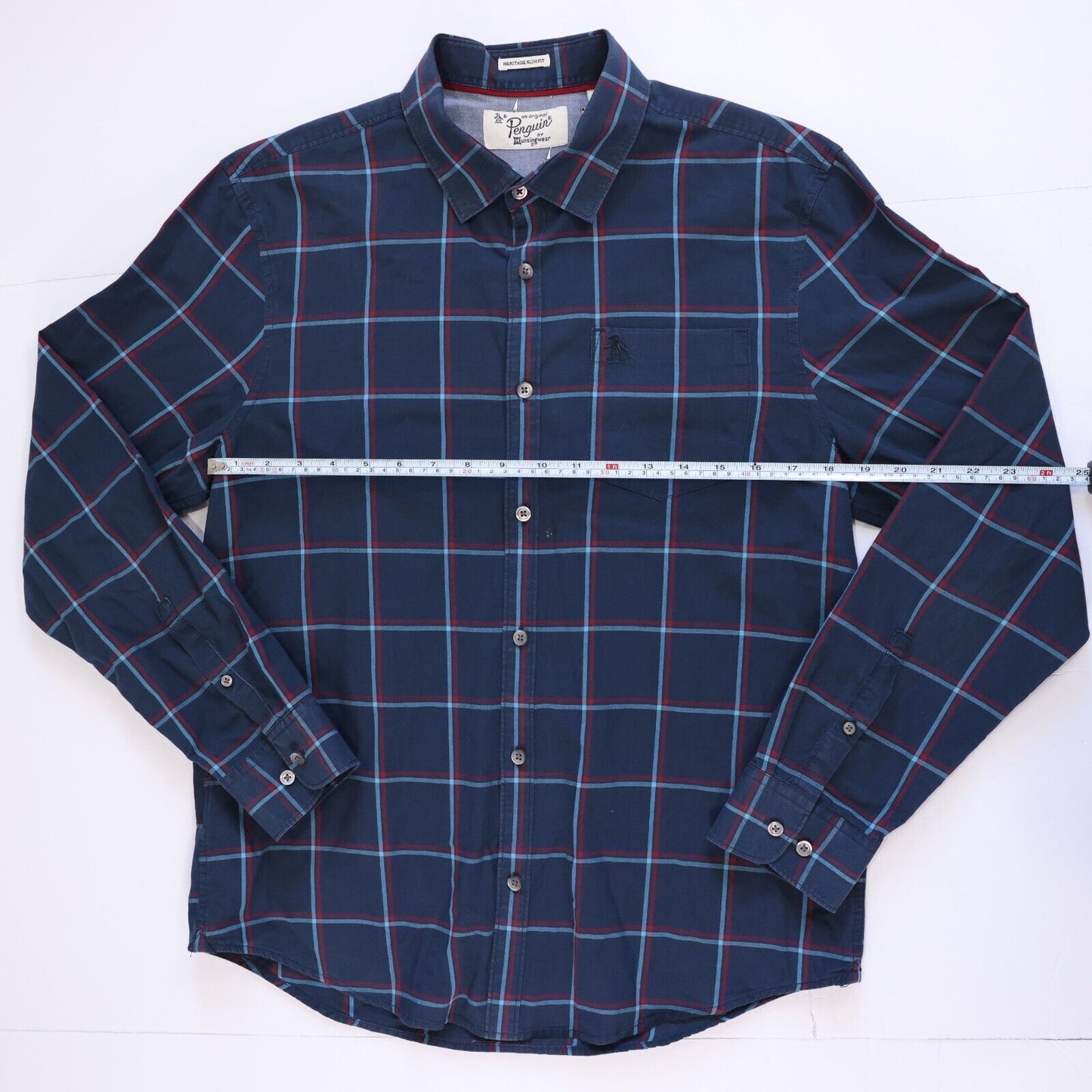 Penguin Mens Casual Button Down Heritage Slim Fit MEDIUM Blue and Red