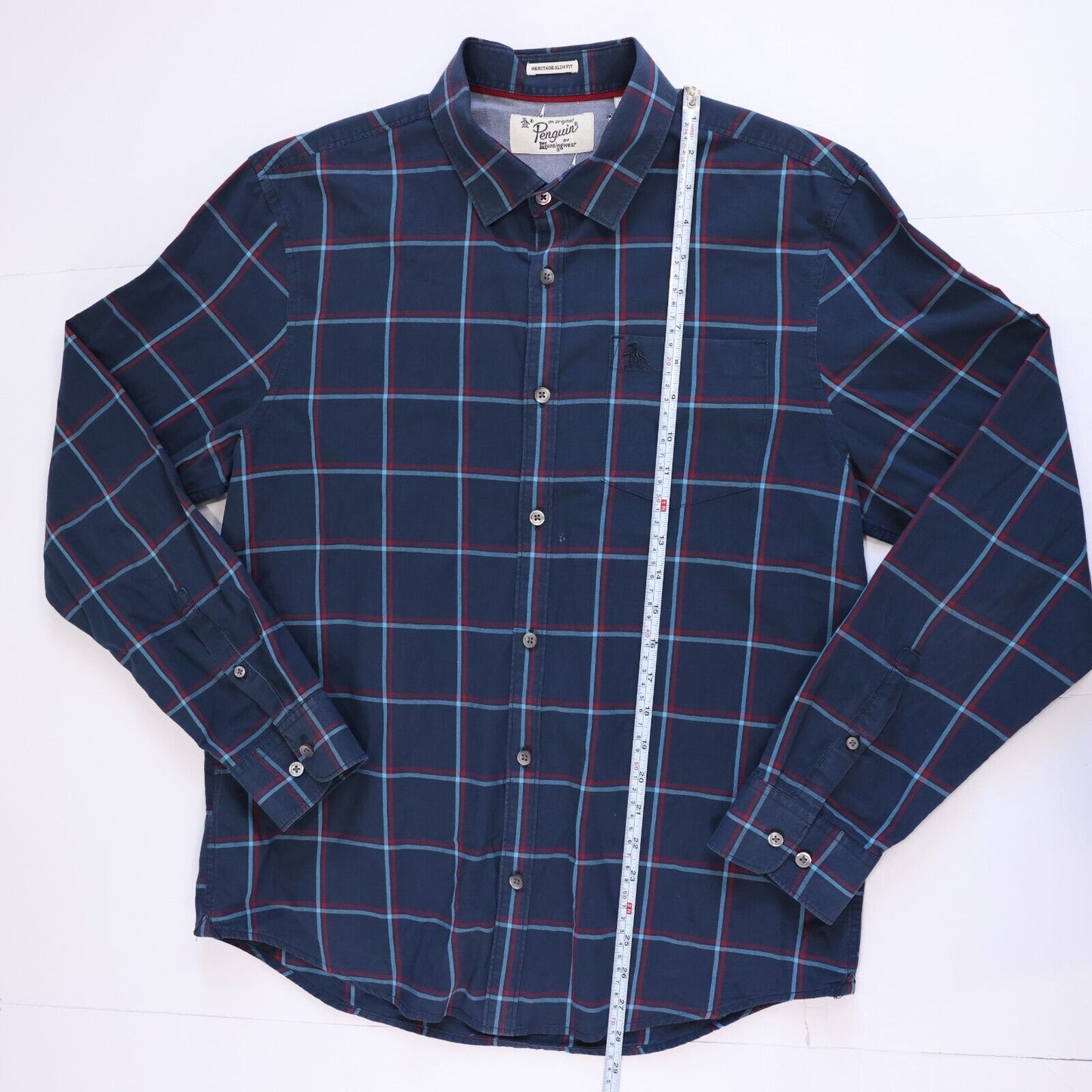 Penguin Mens Casual Button Down Heritage Slim Fit MEDIUM Blue and Red