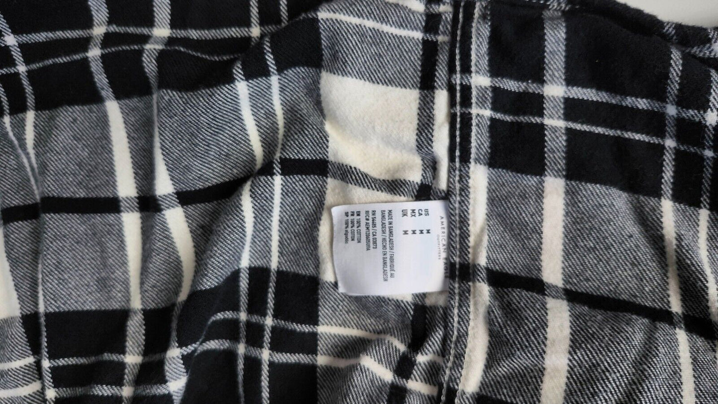 American Eagle Tartan Flannel Casual Button Shirt Mens Size Large L Black White