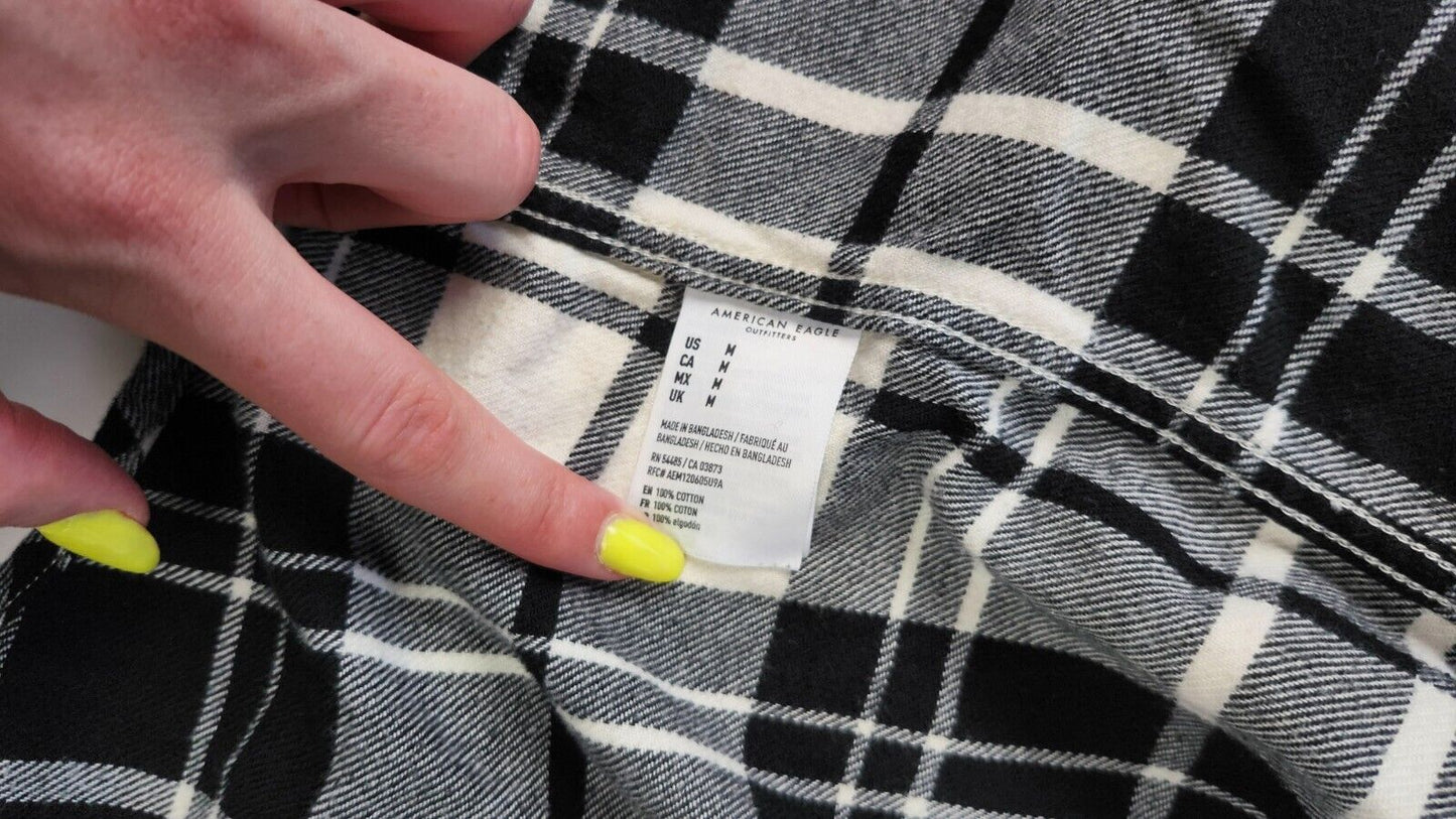 American Eagle Tartan Flannel Casual Button Shirt Mens Size Large L Black White