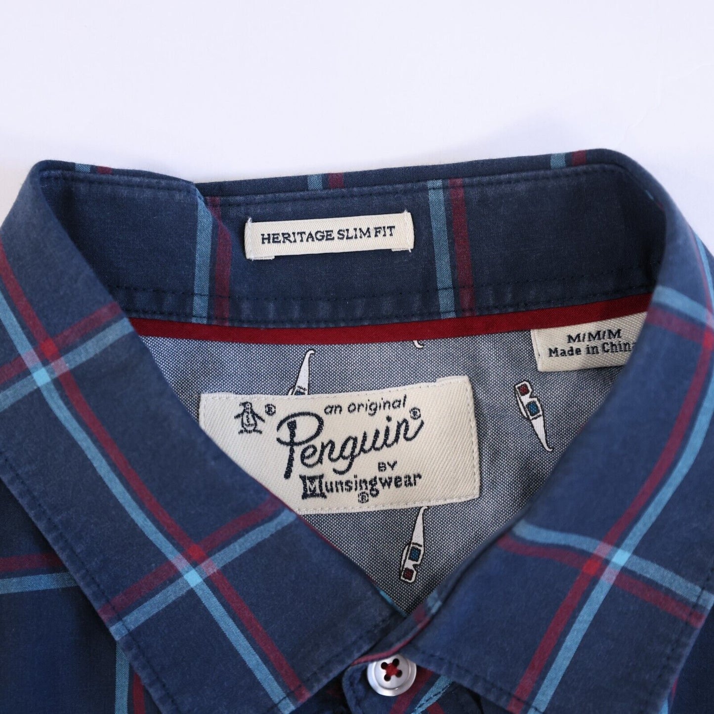 Penguin Mens Casual Button Down Heritage Slim Fit MEDIUM Blue and Red