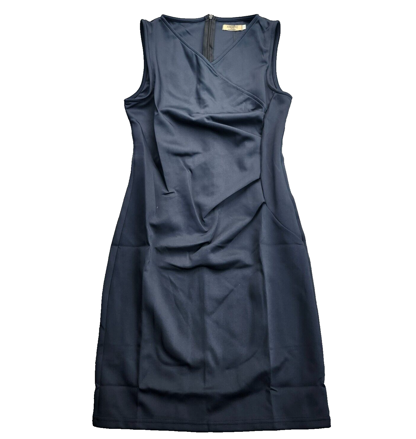 ANGVNS Women V Neck Sleeveless Pleated Office Bodycon Dress, Navy Blue, M