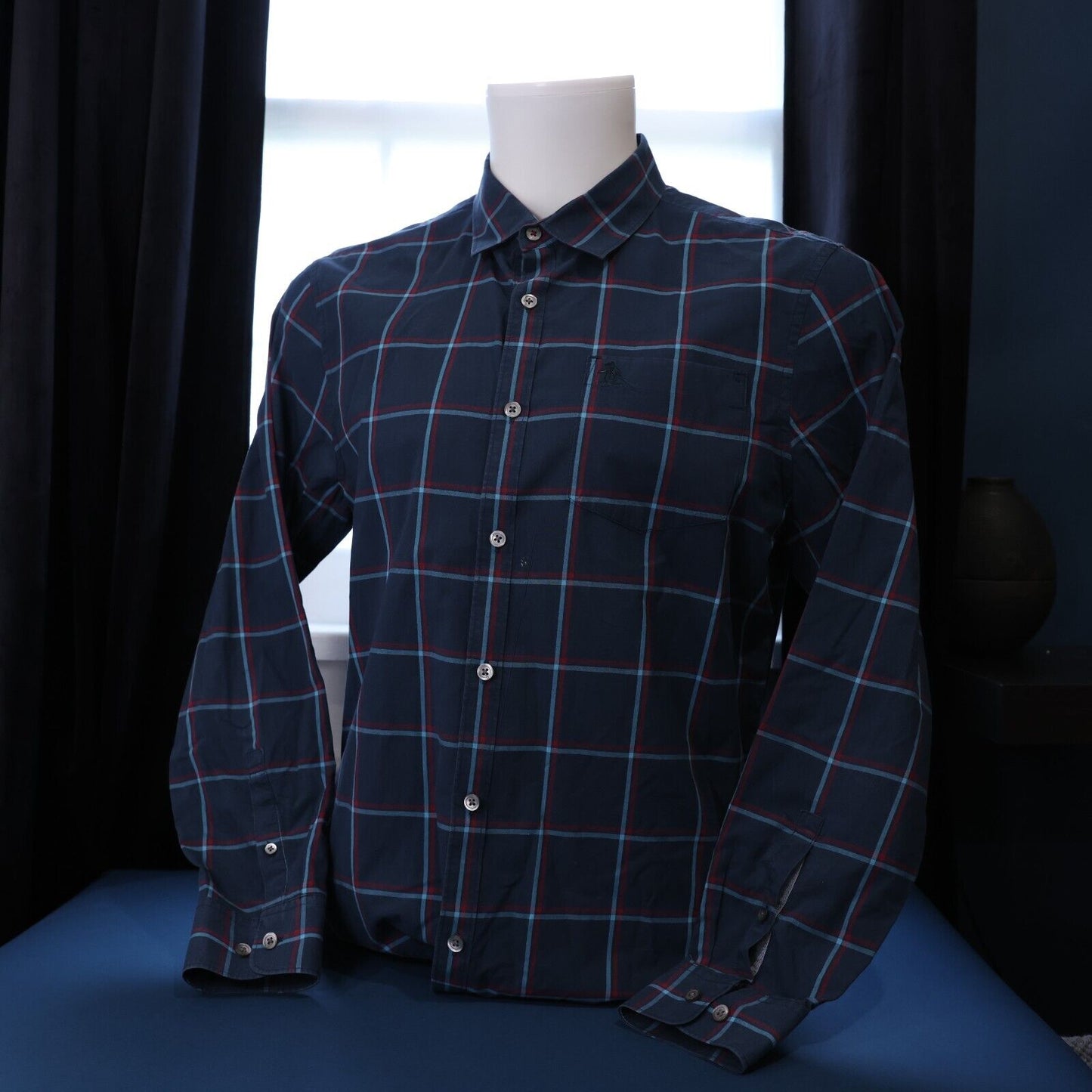 Penguin Mens Casual Button Down Heritage Slim Fit MEDIUM Blue and Red