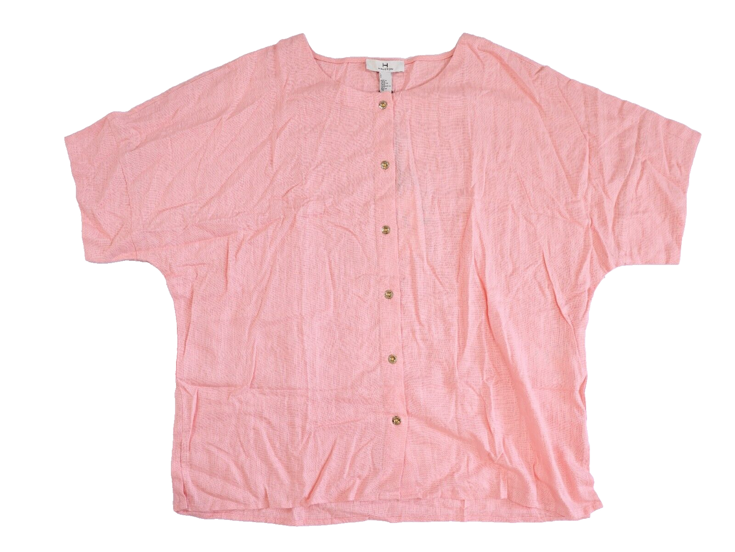 NWT Halston Women's Pink Button Up Short Sleeve Blouse Size L