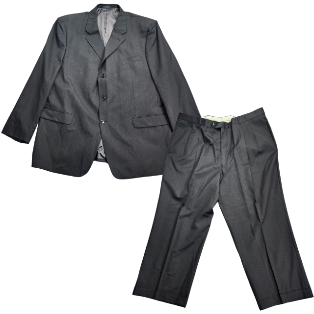 100% Wool Black Suit Set Jacket Notch Lapel 50L, Pants 45.5L