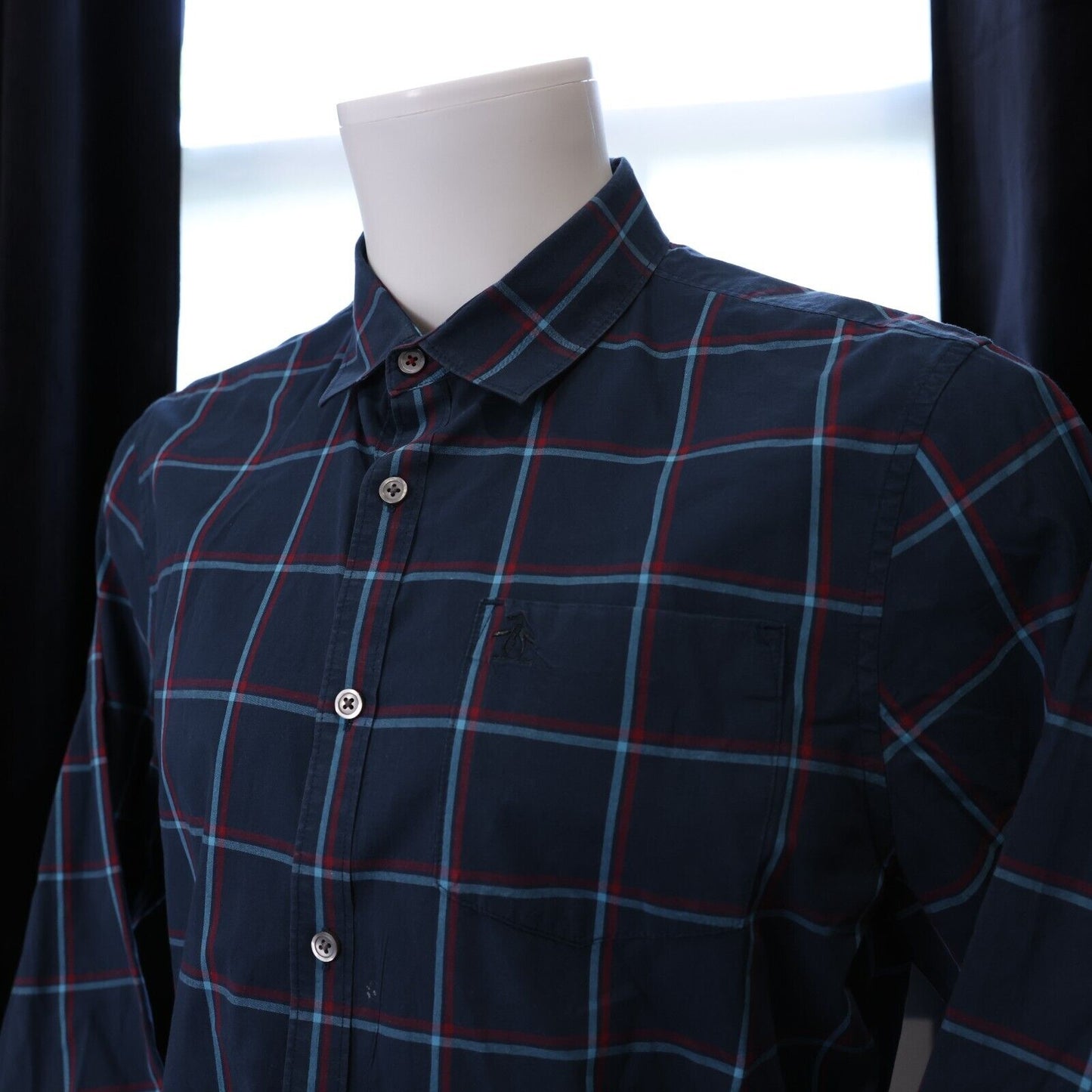 Penguin Mens Casual Button Down Heritage Slim Fit MEDIUM Blue and Red