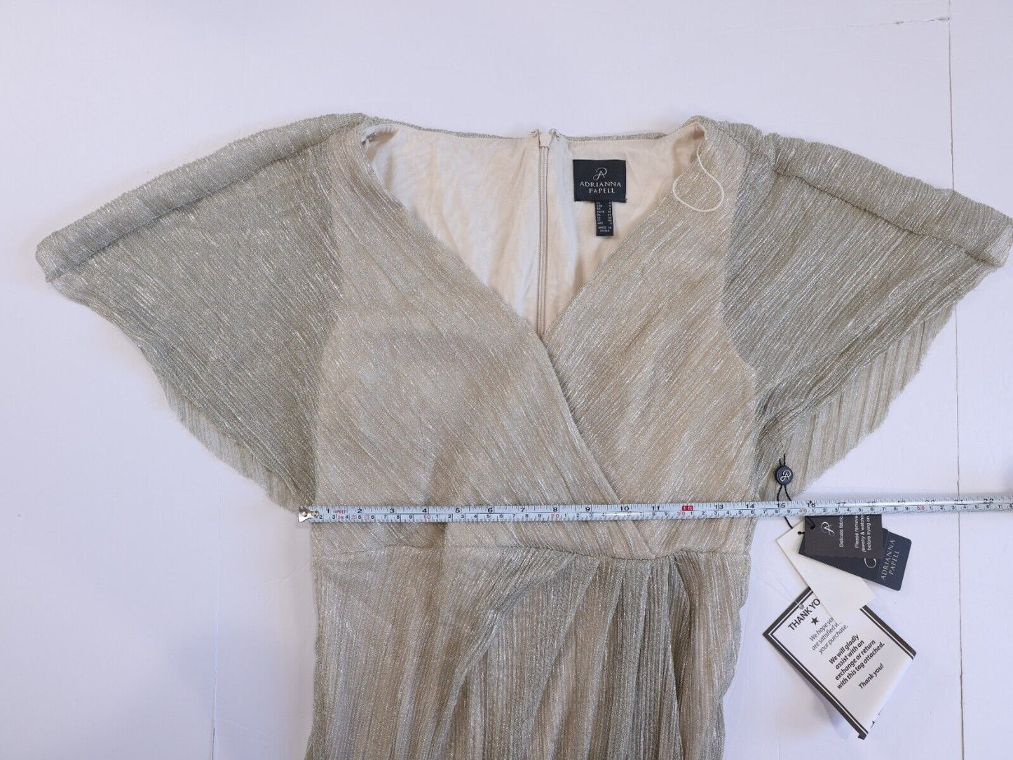 Adrianna Papell Pleated Metallic Gown, Champagne, Size 4, MSRP $199