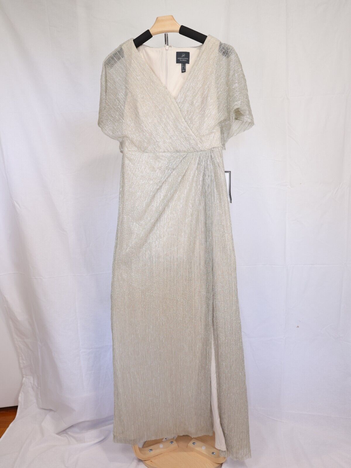 Adrianna Papell Pleated Metallic Gown, Champagne, Size 4, MSRP $199