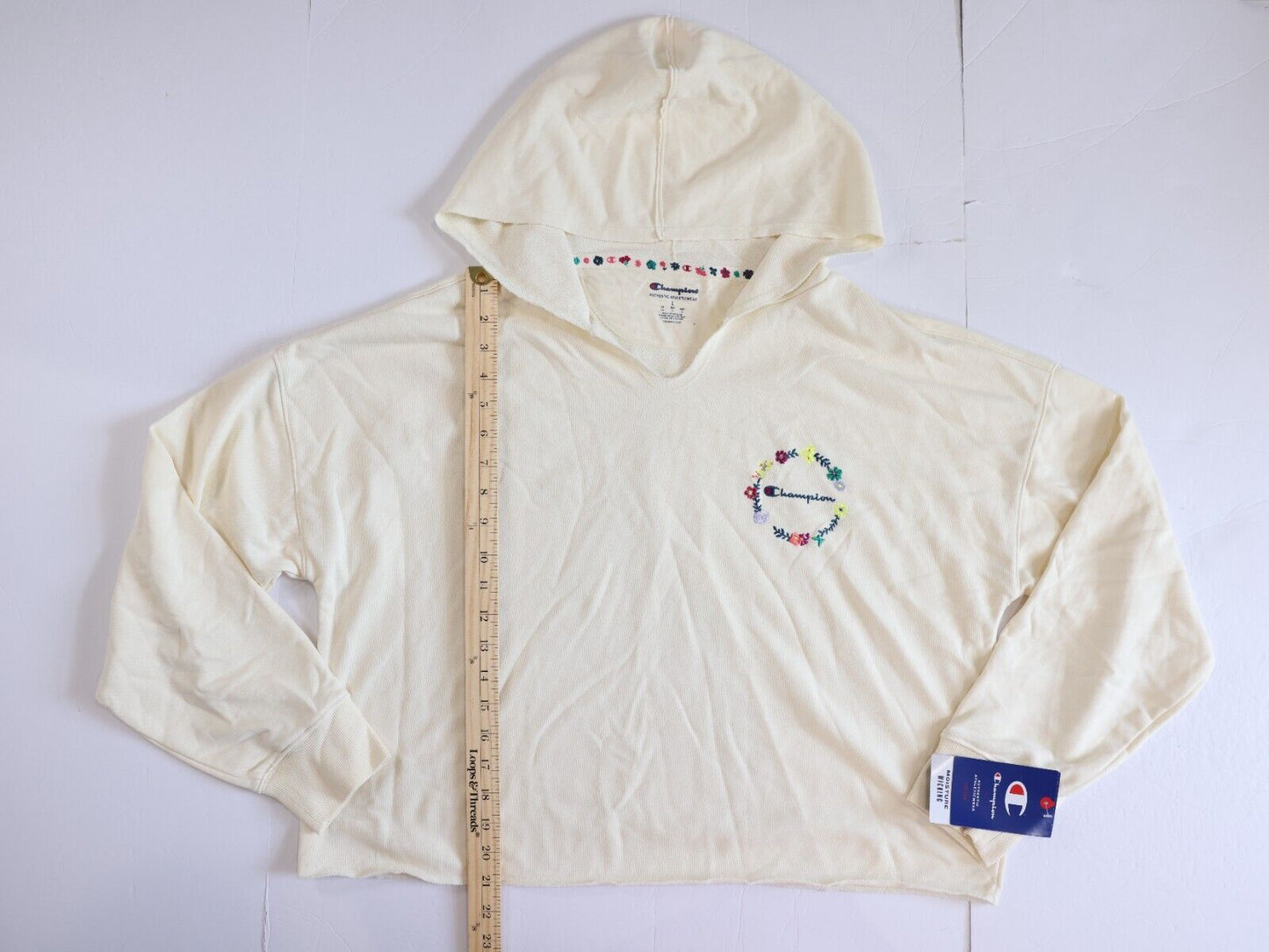 Champion Women's Ivory French Terry Long Sleeve Split Neck Hoodie Size Large