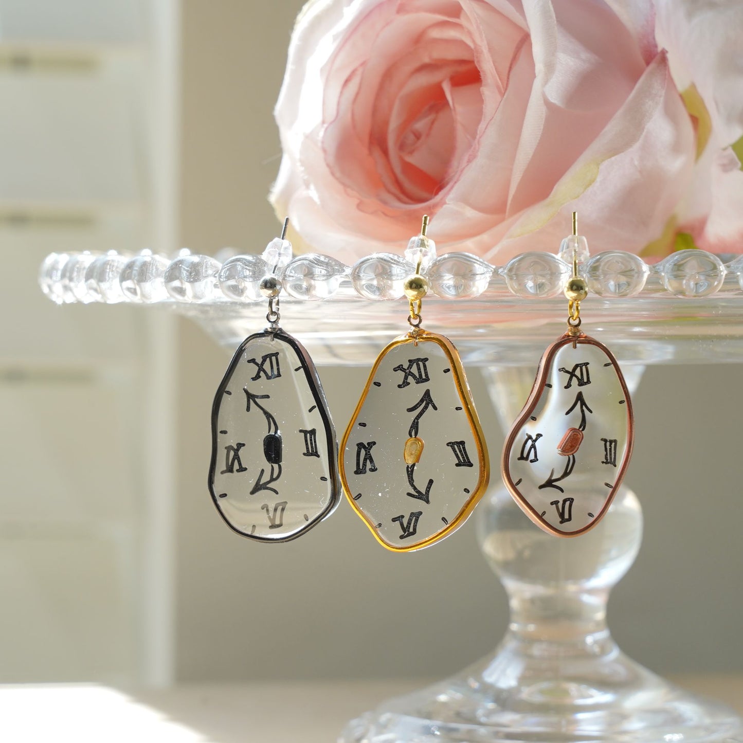XL Melting Clocks Dangle Earrings | Hand-painted Dali's Soft Watches Earrings | Resin 925 Silver Modern Art Fun Earrings