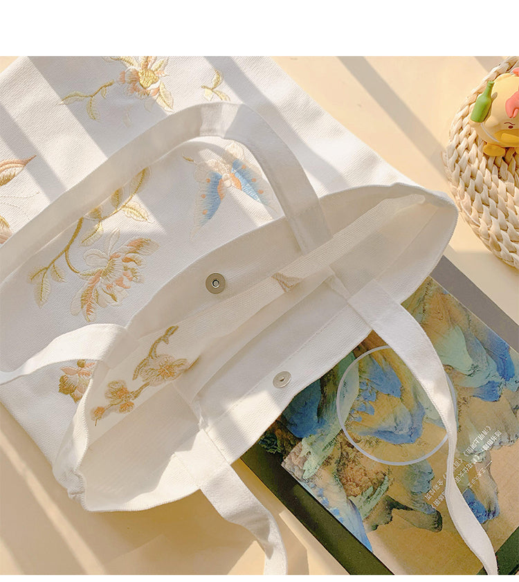 Peony Floral Embroidery Tote Bag