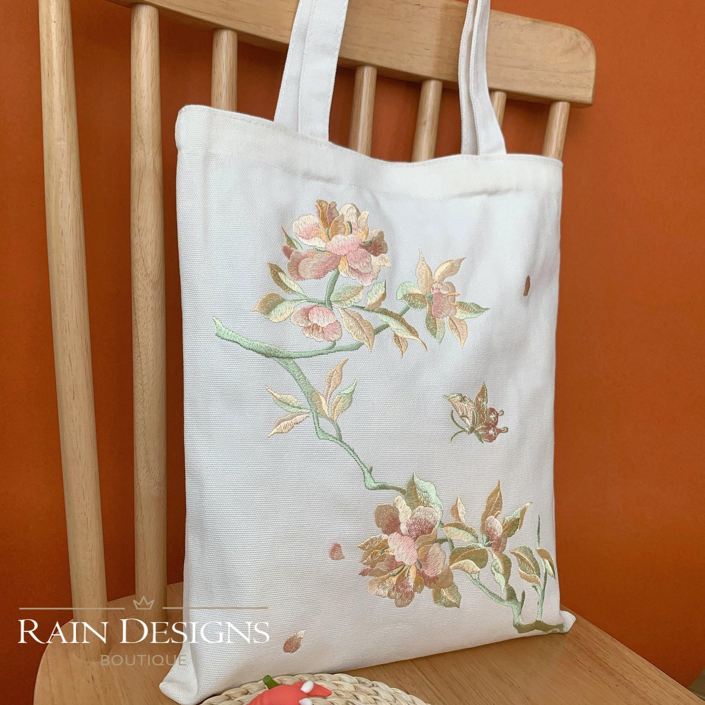Hand Embroidered Peony Flower Tote Bag