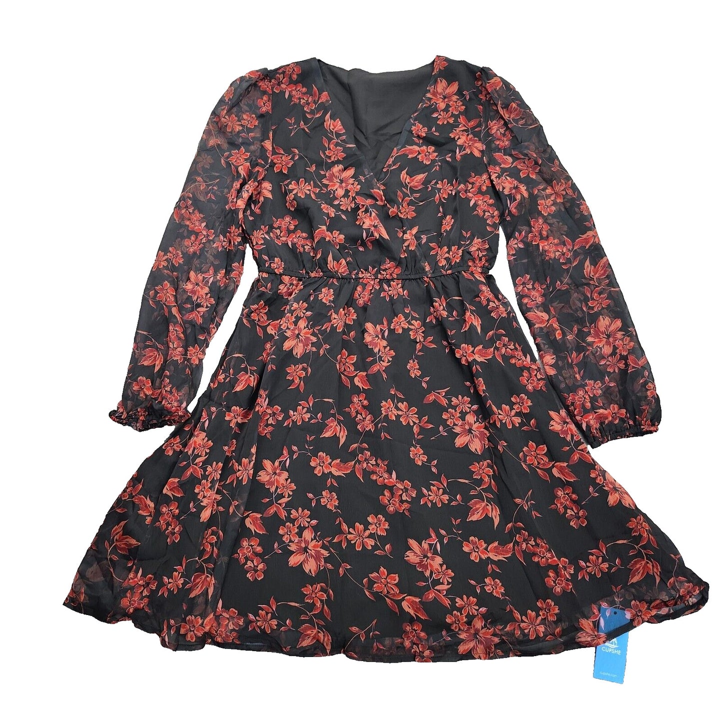 CUPSHE Women's Floral Chiffon A-Line Mini Dress Long Peasant Sleeves Medium