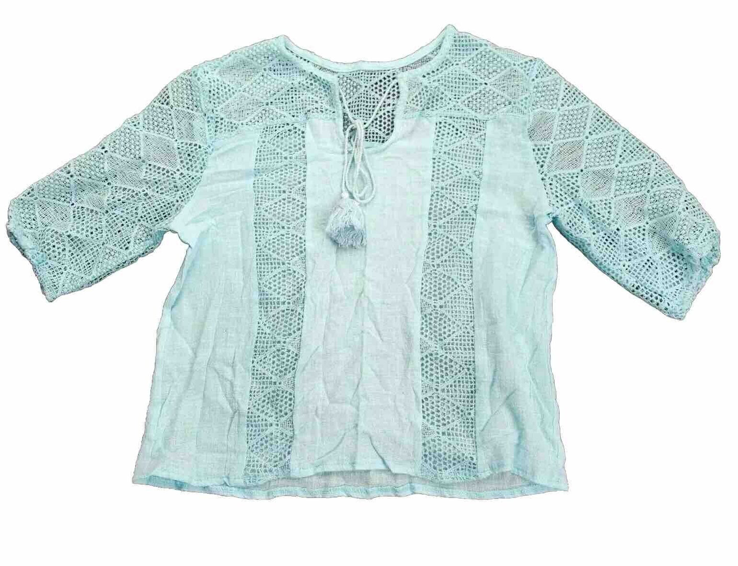Women Summer Blouse Cotton Solid Color Hollow O-Neck 3/4 Sleeve Lace Size 4XL