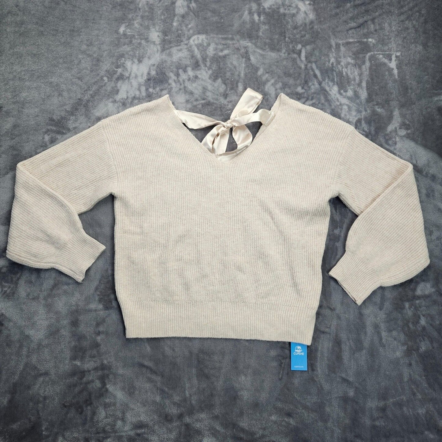Cupshe Womens Long Sleeve V-Neck Satin Bow Sweater Medium