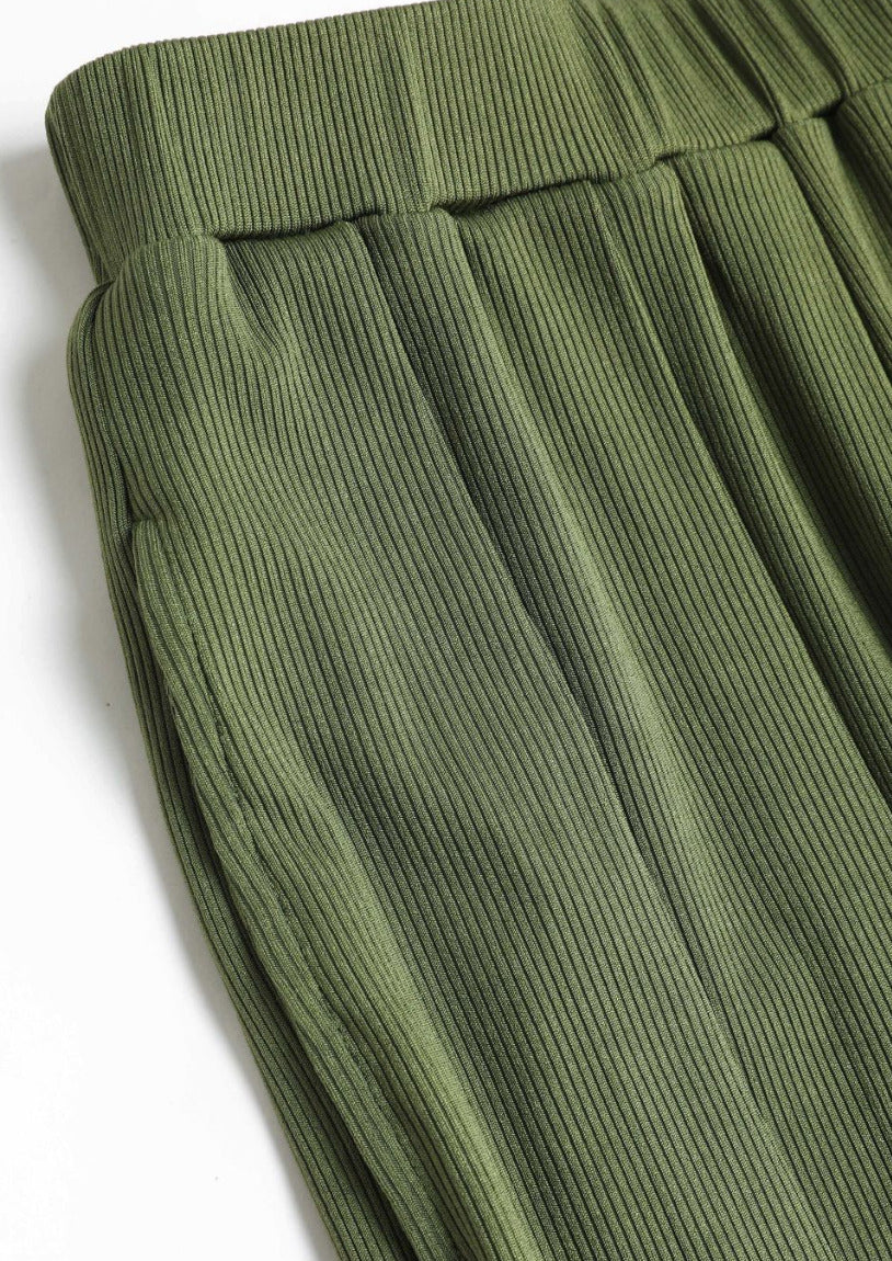 Cider Solid Elastic Waist Pocket Wide Leg Pants Green - Size L