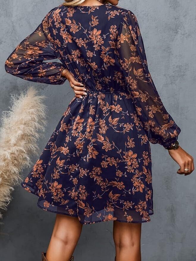 Women's Long Sleeve Elastic Waist Ditsy Floral Dress - Cupshe- XXL
