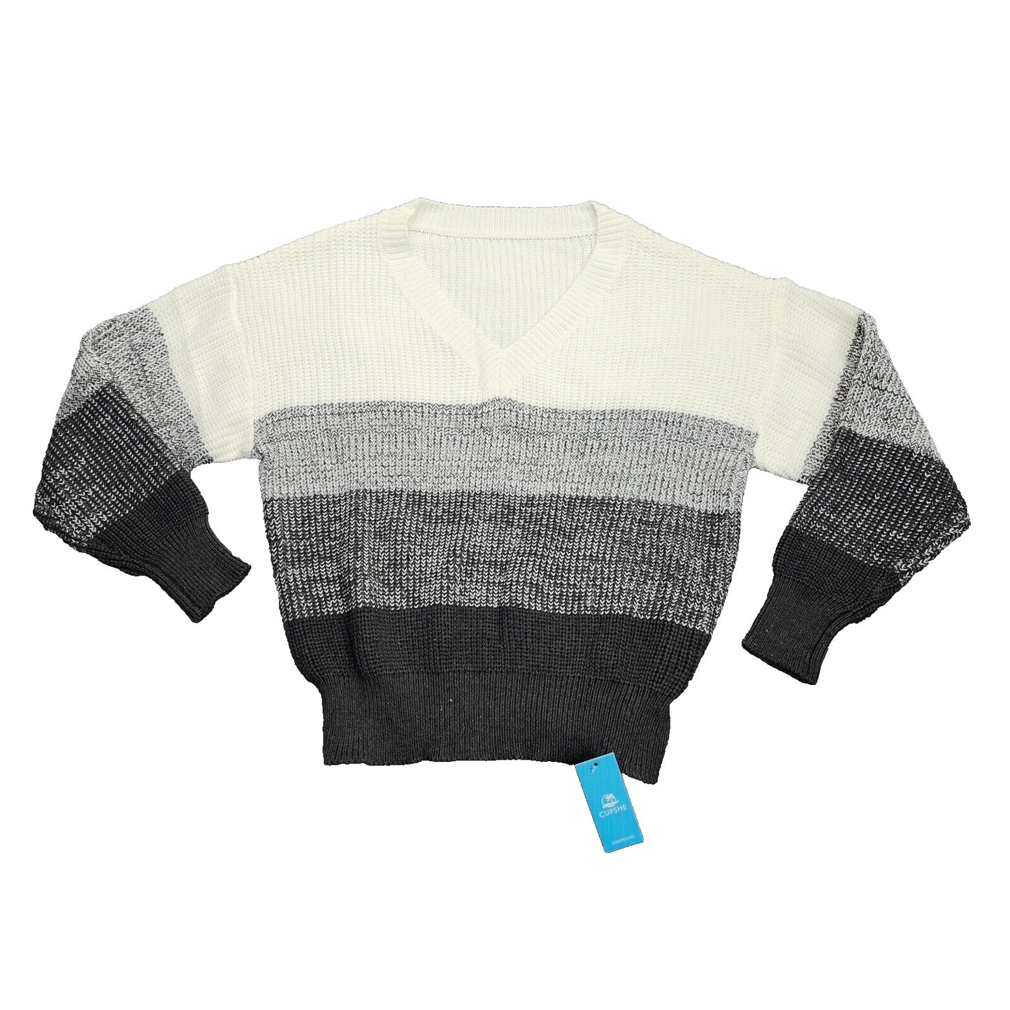 CUPSHE Women Pullover Sweater Striped V-Neck Drop Sleeve Ribbed Knit Jumper XS