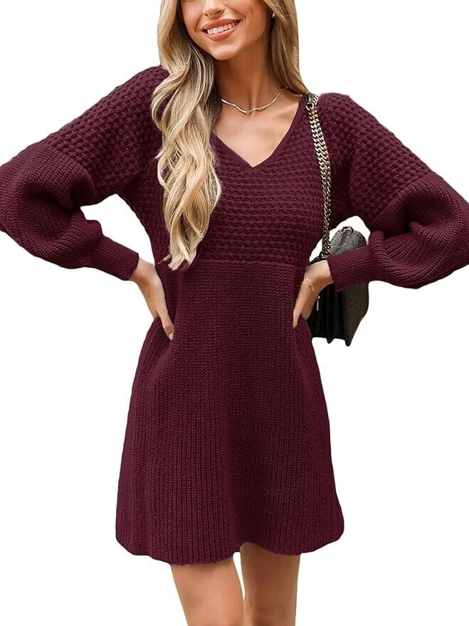 Sweater Dress V Neck Honeycomb Long Sleeve Textured Fall Knit Pullover SMALL