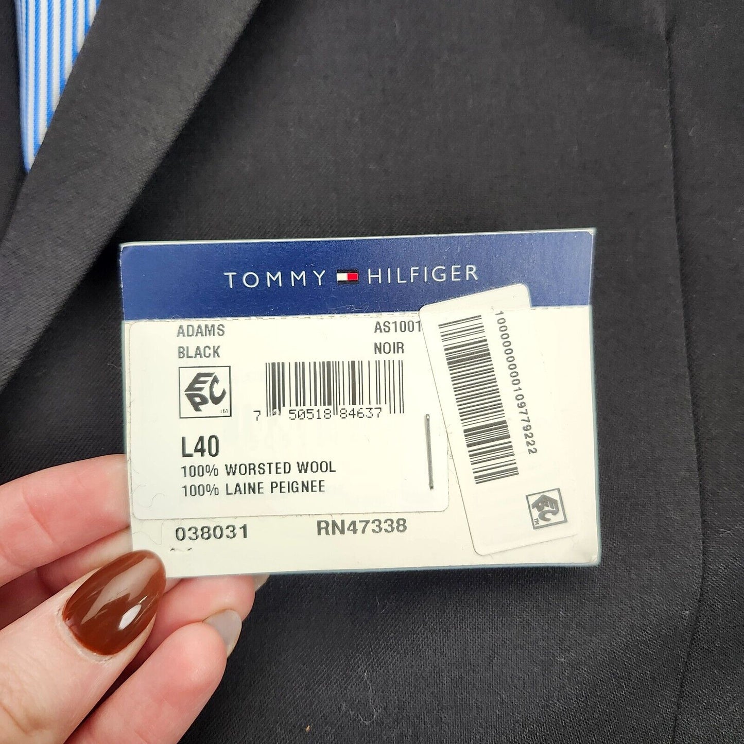 NWT Tommy Hilfiger Black Suit Jacket Notch Lapel 2 Button 40 Long 100% Wool