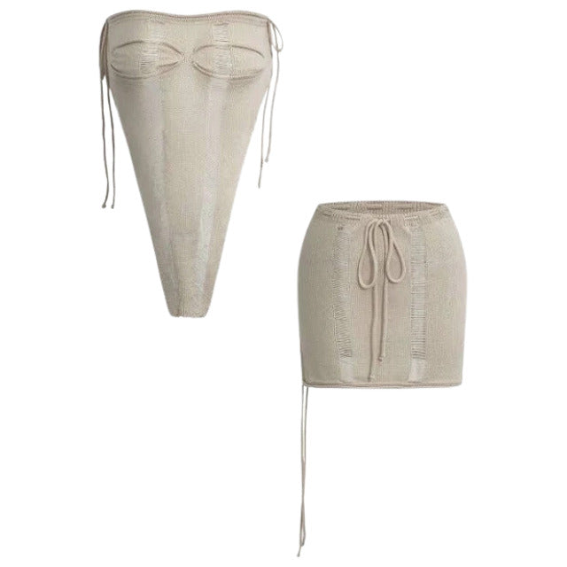 Micas Womens Distressed Ladder Knit Tube Top and Tie Front Mini Skirt Set Small