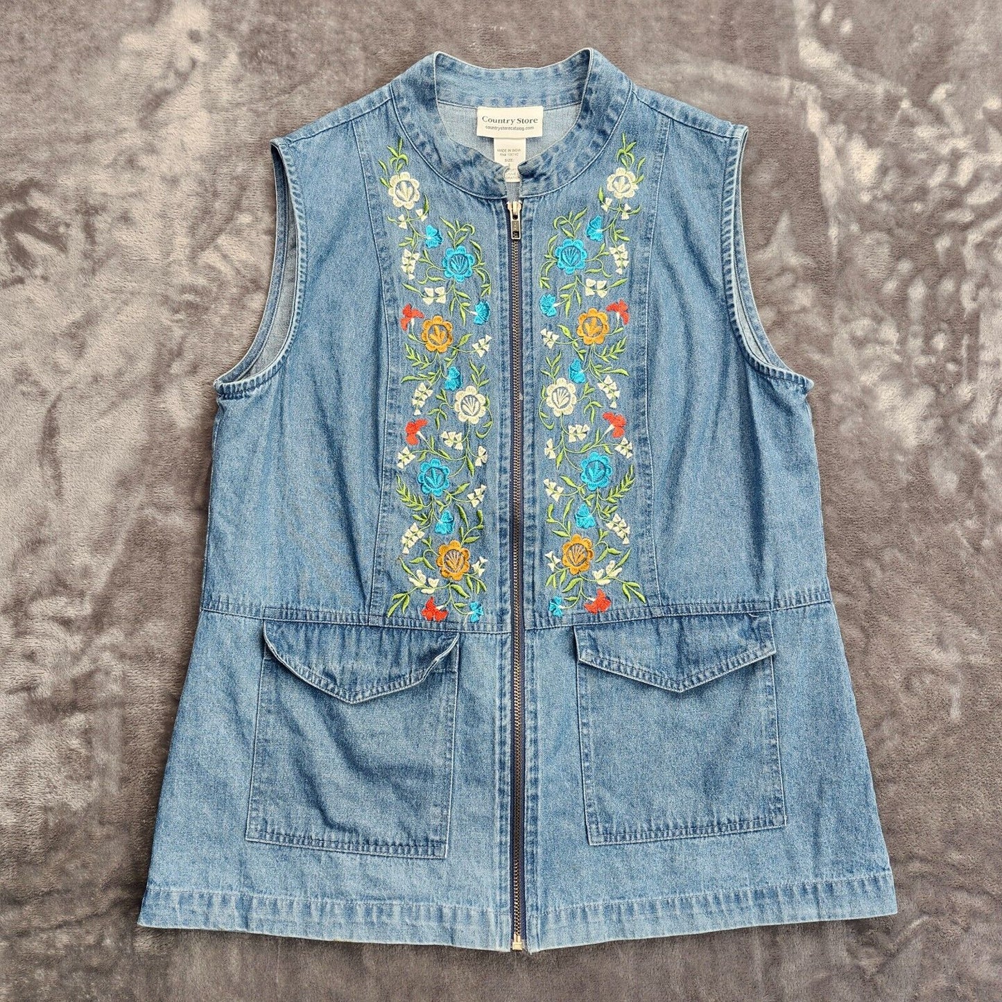 Country Store Embroidered Floral Denim Vest Women’s Size S Spring Summer