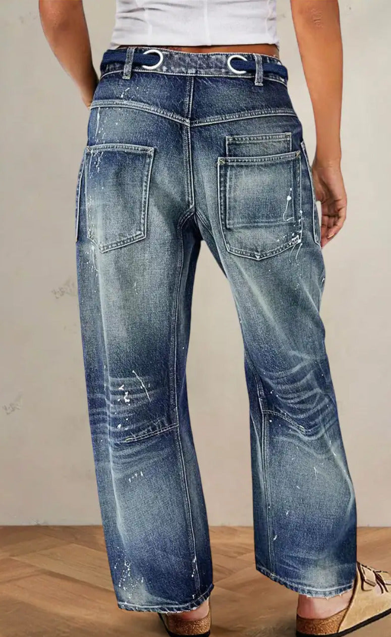 Flamingals Women's Drawstring Grommet Eyelet Mid Waist Wide Leg Barrel Jeans 4/6