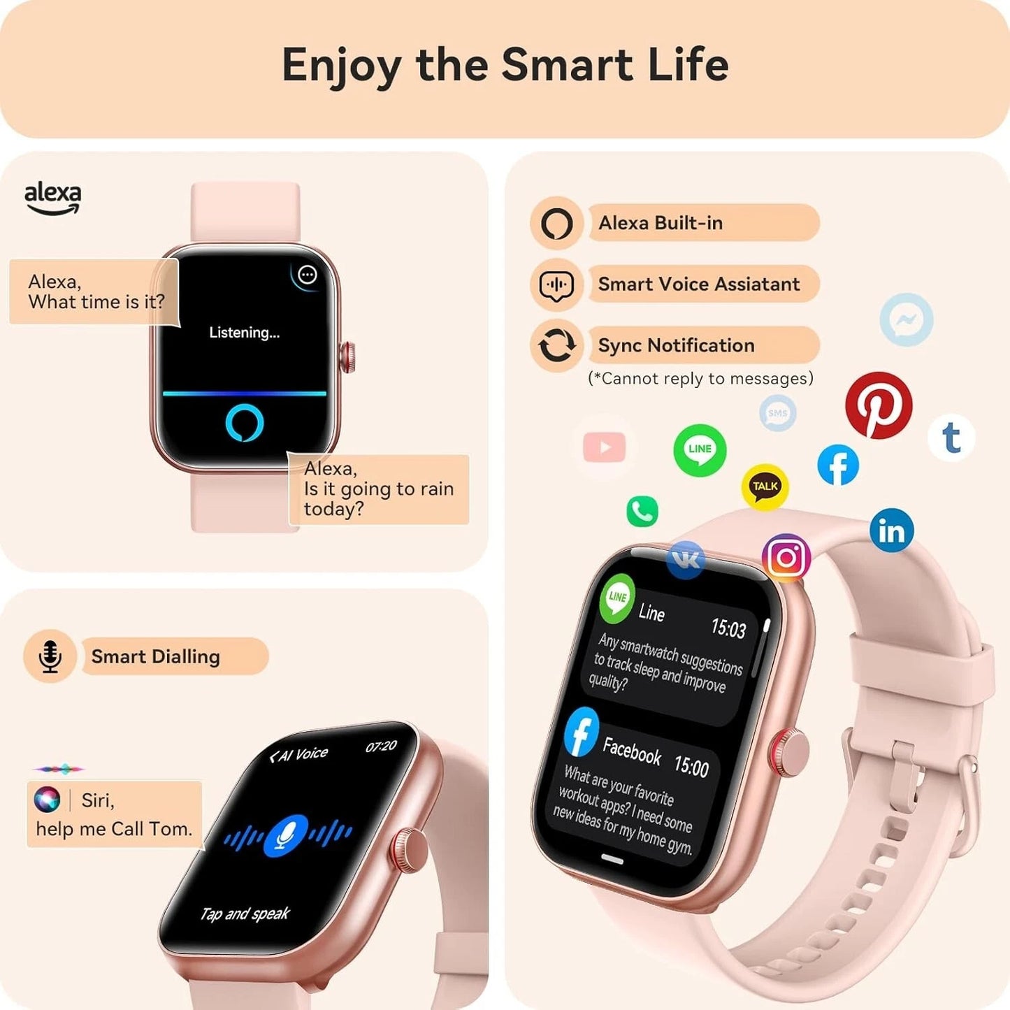 Smart Watch for Men Women, Bluetooth Call, Alexa Built-in 1.8, PINK
