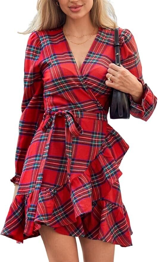 Red Plaid Fall Dress V Neck Ruffle Cuff Long Blouson Sleeve Wrap L