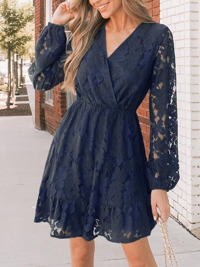 Elegant V Neck Lace Peasant Sleeves Summer Dress High Waist A Line XL