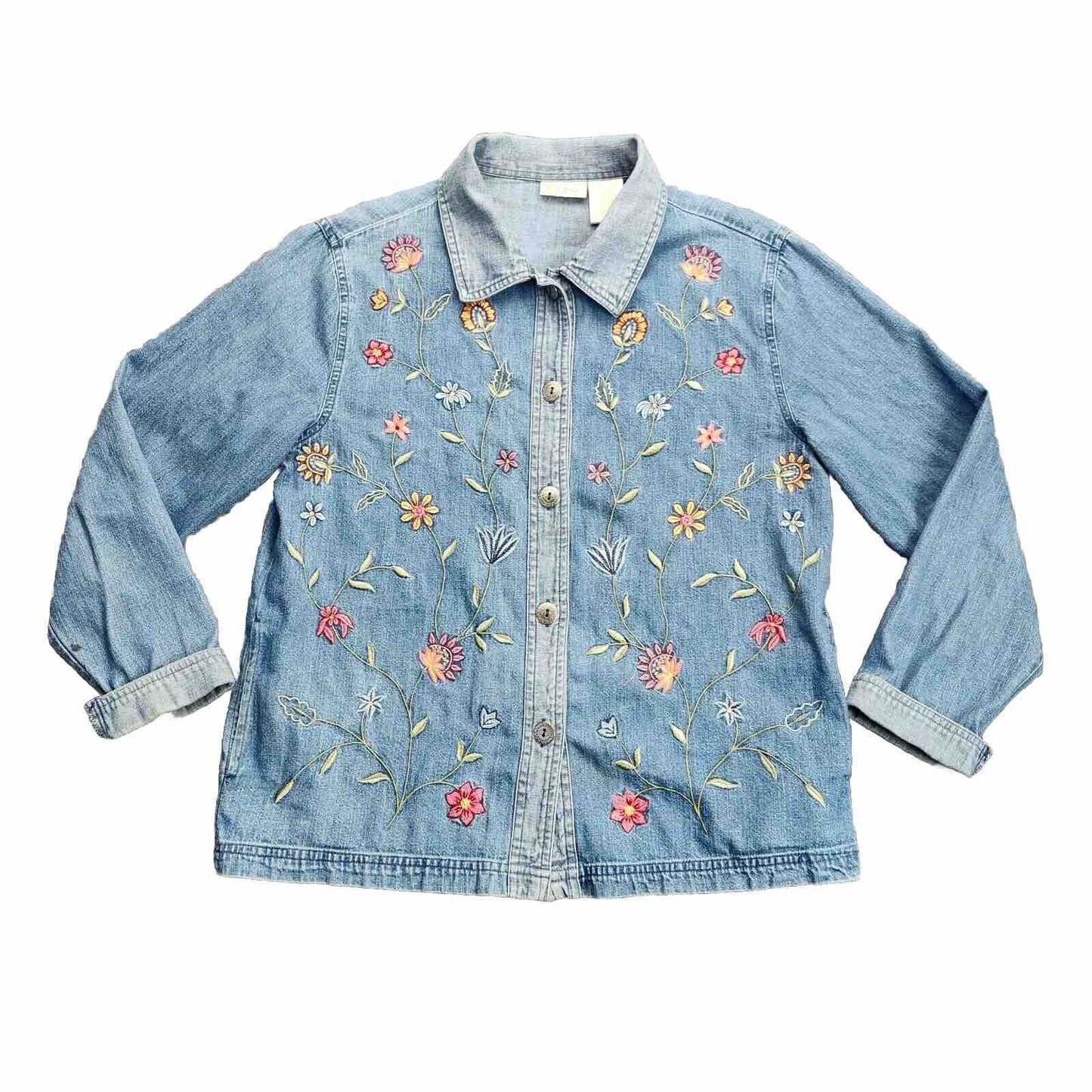Bobbie Brooks Women's Denim Shirt With Flower Embroidery Small