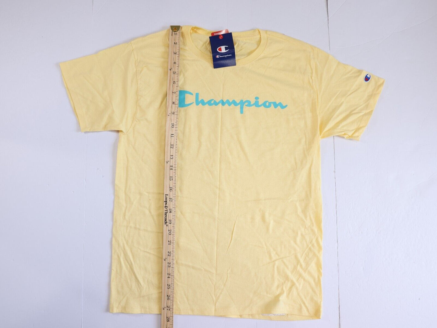 Champion Yellow T-Shirt Men's Jersey Tee Classic Fit Script Logo Size Medium