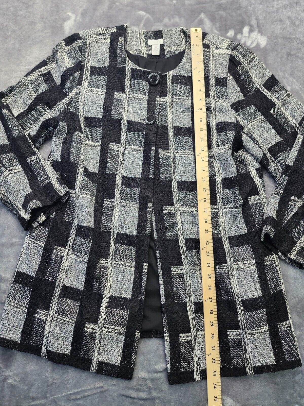 Chico's Size (Size 3) Plaid 2 Button Open Duster Coat Black & White