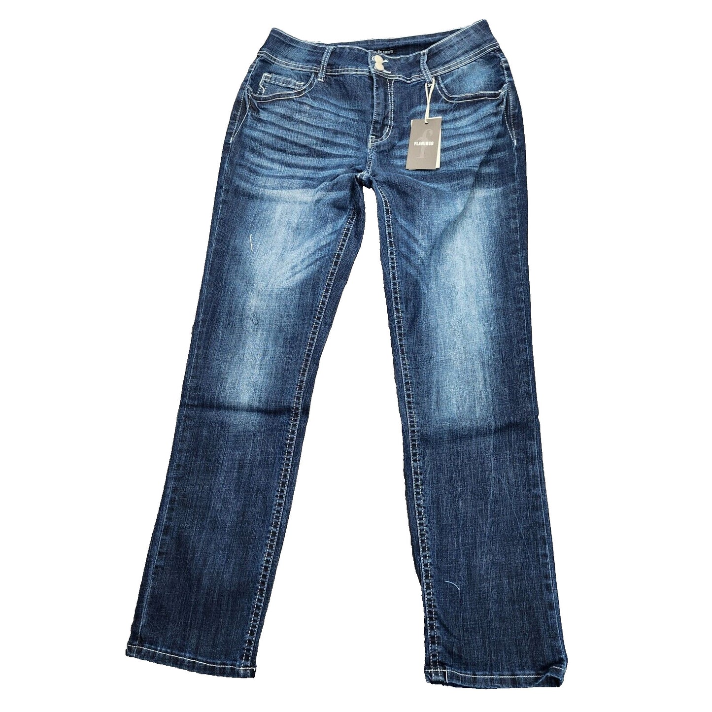 Flamingals Women's Straight Ripped Faded Dark Wash Blue Jeans Size XL