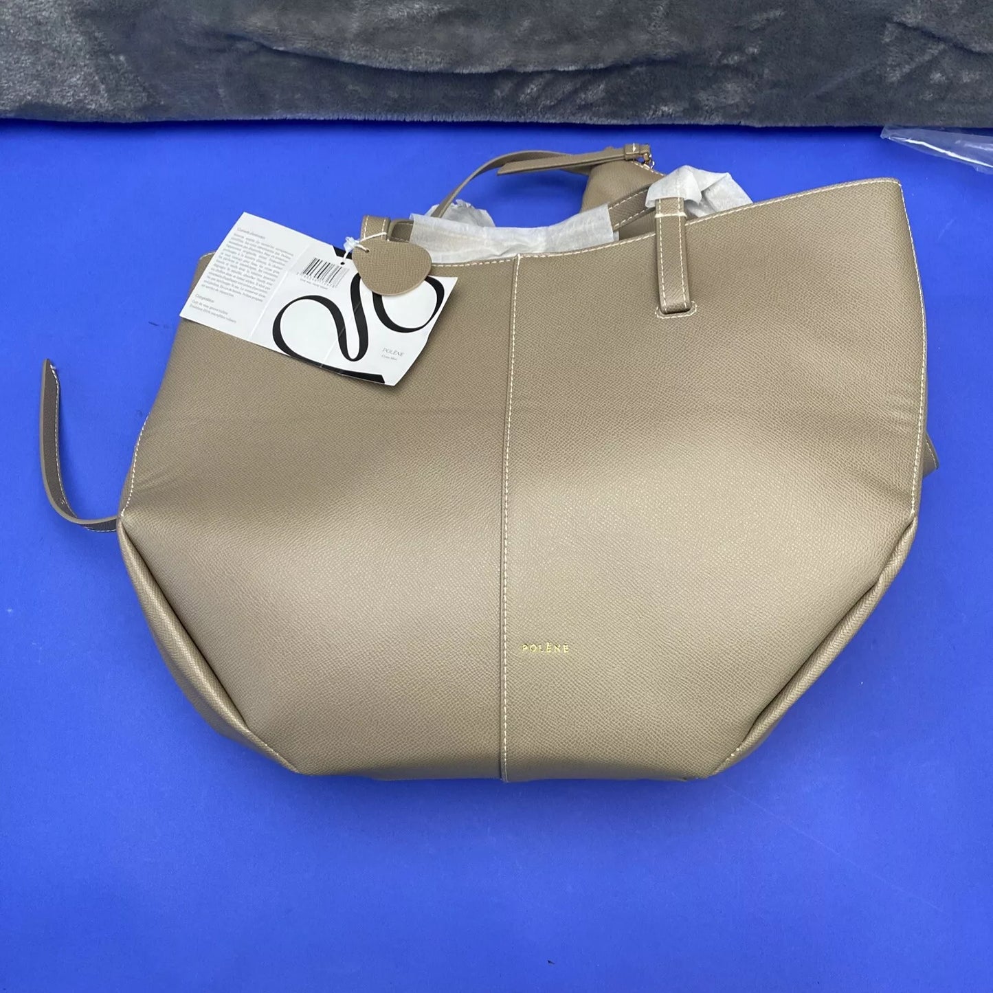 Polene Cyme Mini Textured Leather Shoulder Bag Purse Tote Taupe w wristlet pouch