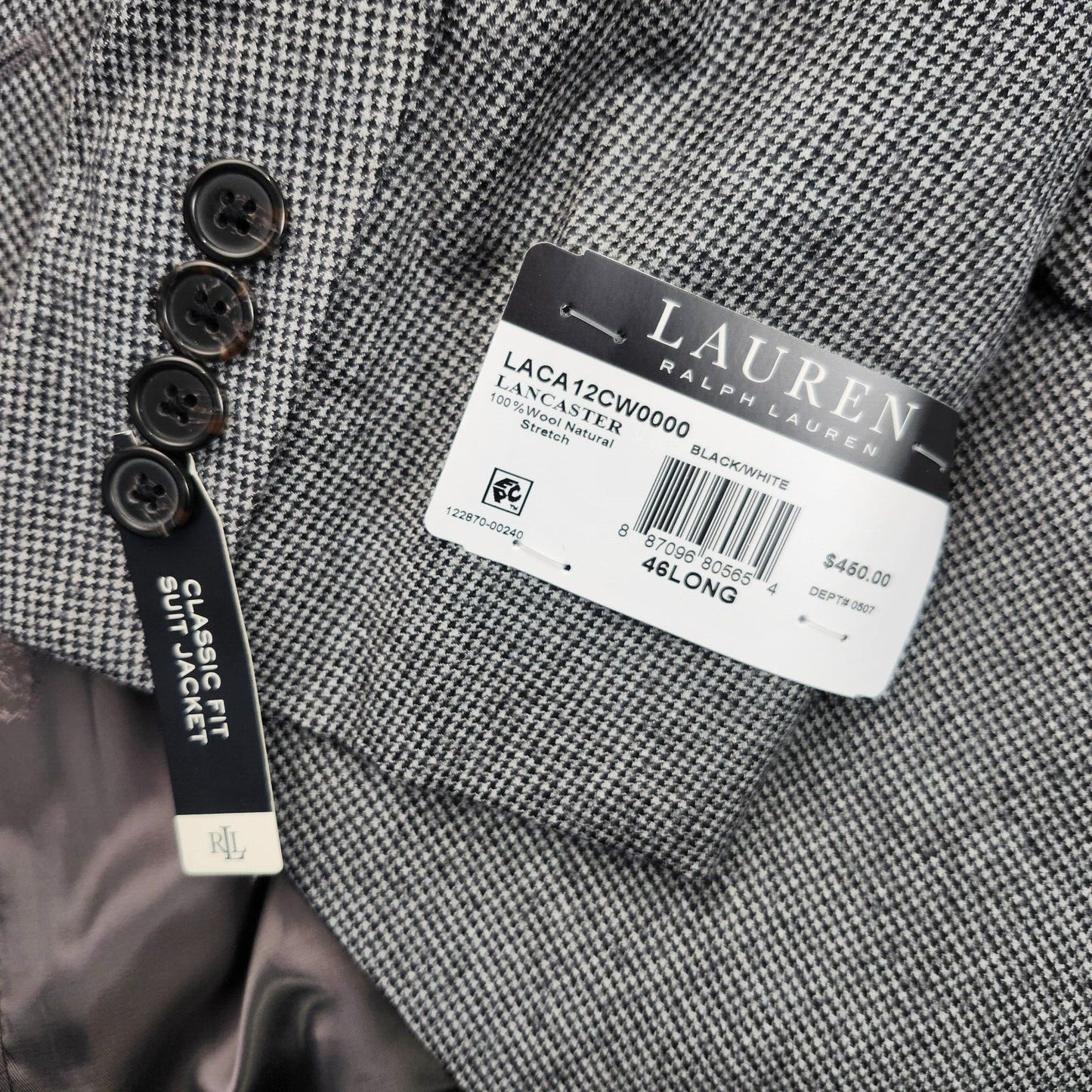 Lauren Ralph Lauren Classic-Fit Wool Suit Jacket Black/White Houndstooth 46L NWT