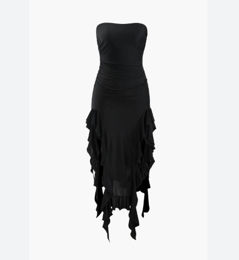MICAS Womens Ruffle Hem Slit Strapless Midi Dress Black sz Medium