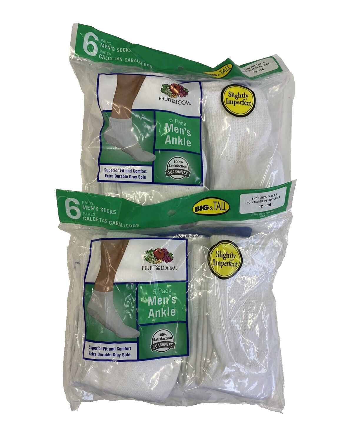 X2 Fruit of the Loom 6 Pack Men's Ankle White Socks Size 6-12 Slightly Imperfect