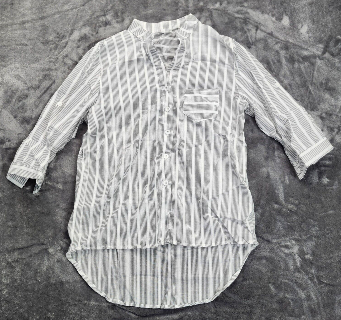Womens Button Down Linen Shirt V Neck Cotton Striped Rolled Sleeve Blouse 2XL
